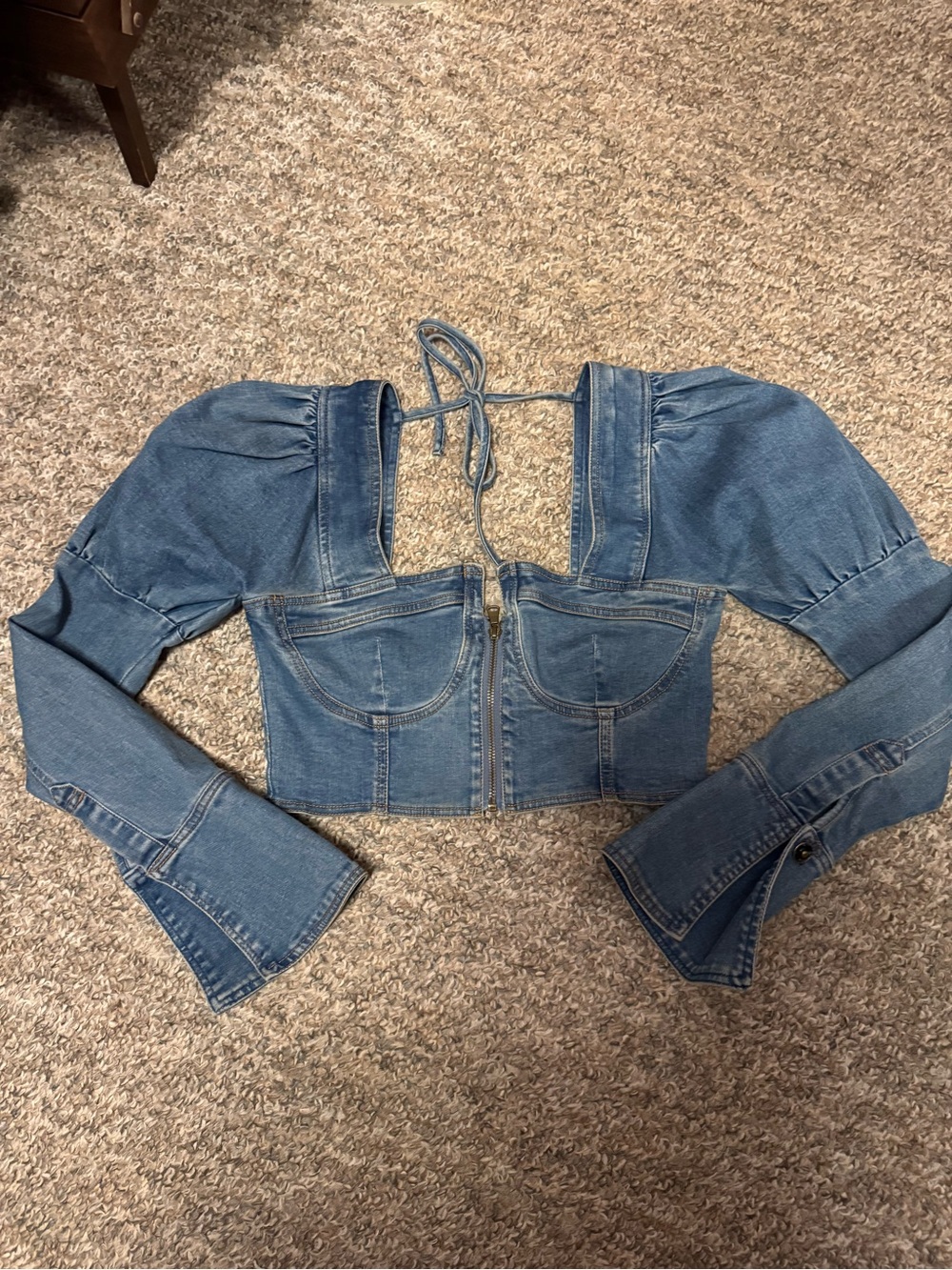 Rehab Lab Light Blue Denim Crop Top with Puff Sleeves